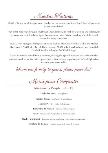 AleOli y Tu menu page 1: Nuestra Historia and Menú para Compartir (£28.5 per person, minimum 4) – Tabla de Carne, Patatas Bravas, Gambas Pil Pil, Pimientos de Padrón, Pisto, Steak Tximitxurri, Ensalada de Tomate