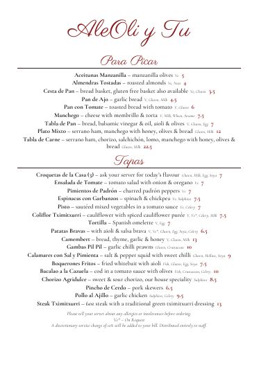 AleOli y Tu menu page 2: Para Picar – Aceitunas Manzanilla, Almendras Tostadas, Cesta de Pan, Pan de Ajo, Pan con Tomate, Manchego, Tabla de Pan, Plato Mixto, Tabla de Carne; Tapas – Croquetas de la Casa, Ensalada de Tomate, Pimientos de Padrón, Espinacas con Garbanzos, Pisto, Coliflor Tximitxurri, Tortilla, Patatas Bravas, Camembert, Gambas Pil Pil, Calamares con Sal y Pimienta, Boquerones Fritos, Bacalao a la Cazuela, Chorizo Agridulce, Pincho de Cerdo, Pollo al Ajillo, Steak Tximitxurri