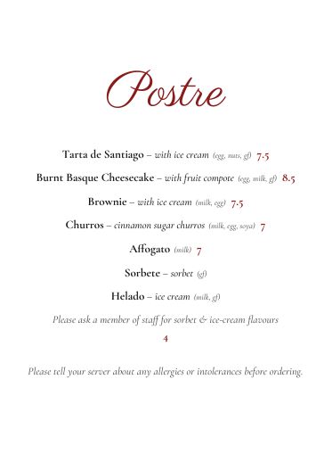 AleOli y Tu dessert menu (Postre): Tarta de Santiago, Burnt Basque Cheesecake, Brownie, Churros, Affogato, Sorbete, Helado